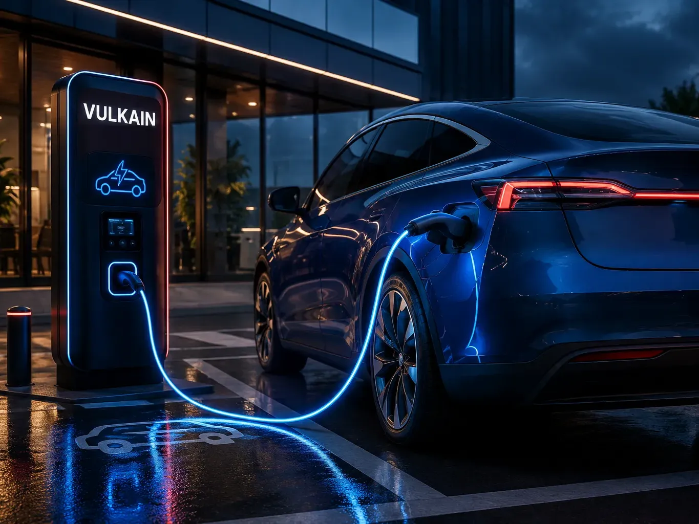 Véhicule électrique en charge sur une borne VULKAIN, de nuit