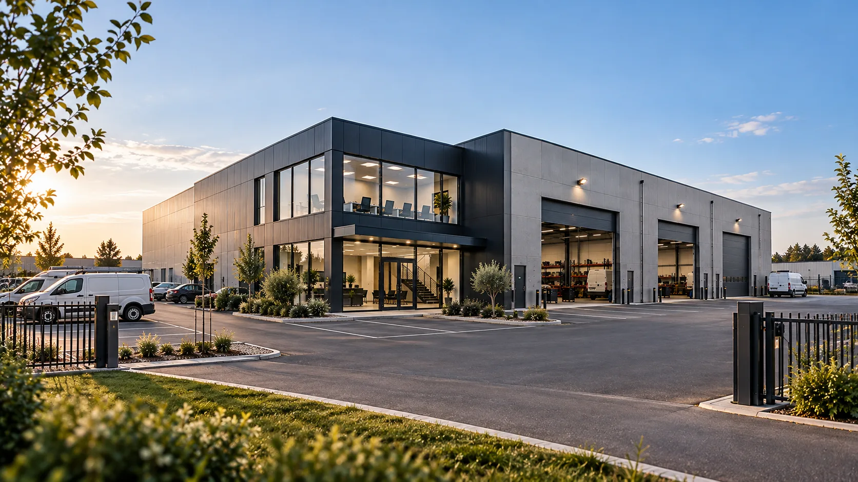 Bâtiment d’entreprise avec bureaux, ateliers et parking