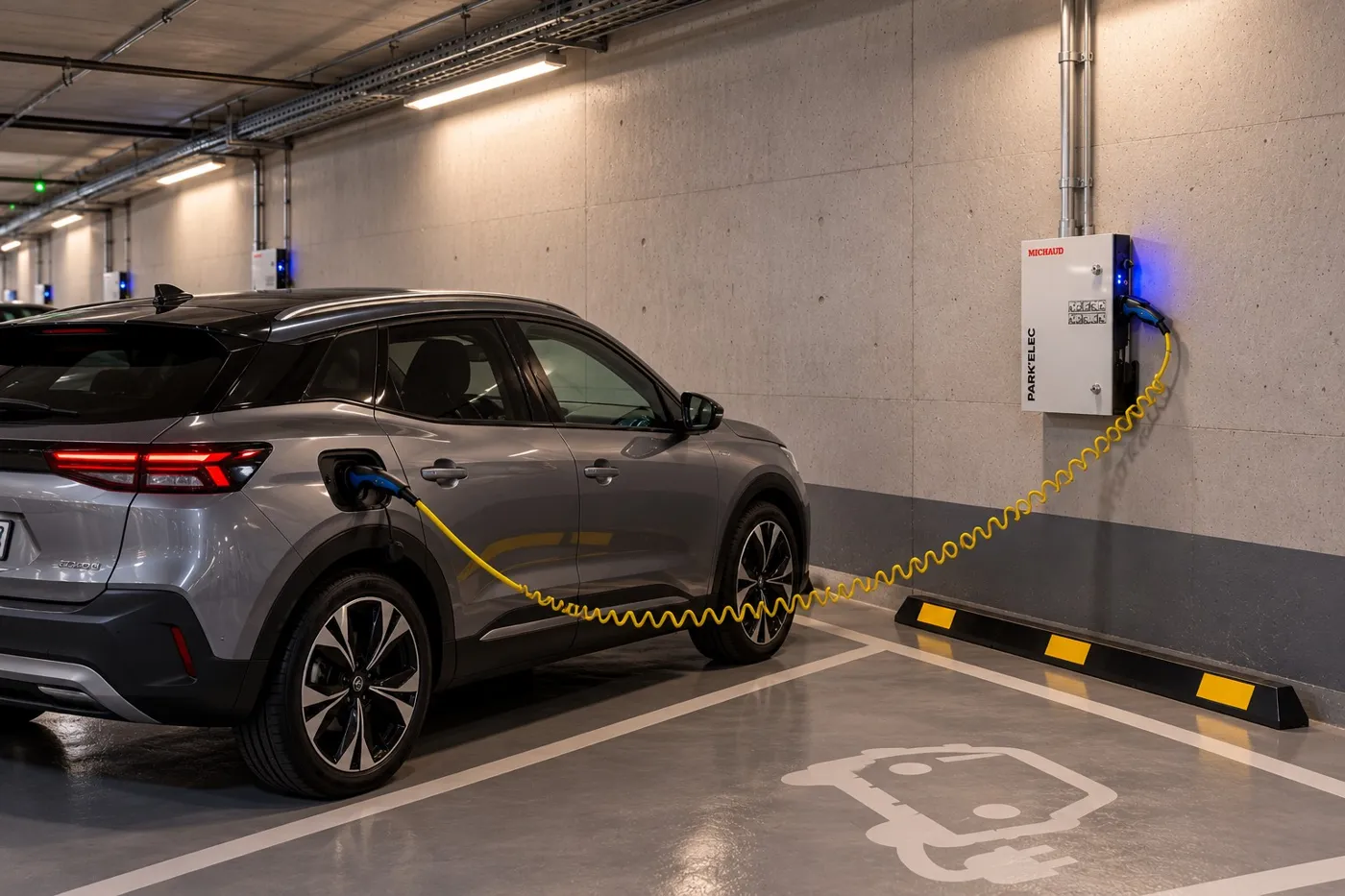 Véhicule en charge dans un parking de copropriété