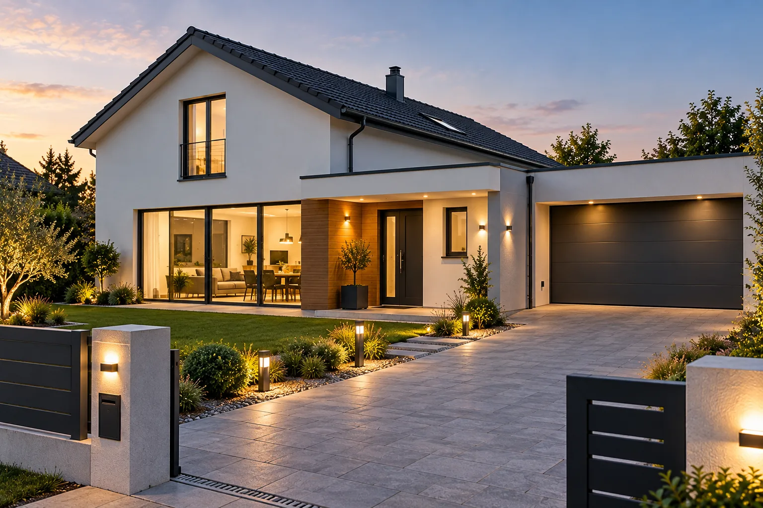 Maison individuelle avec garage et allée, le soir